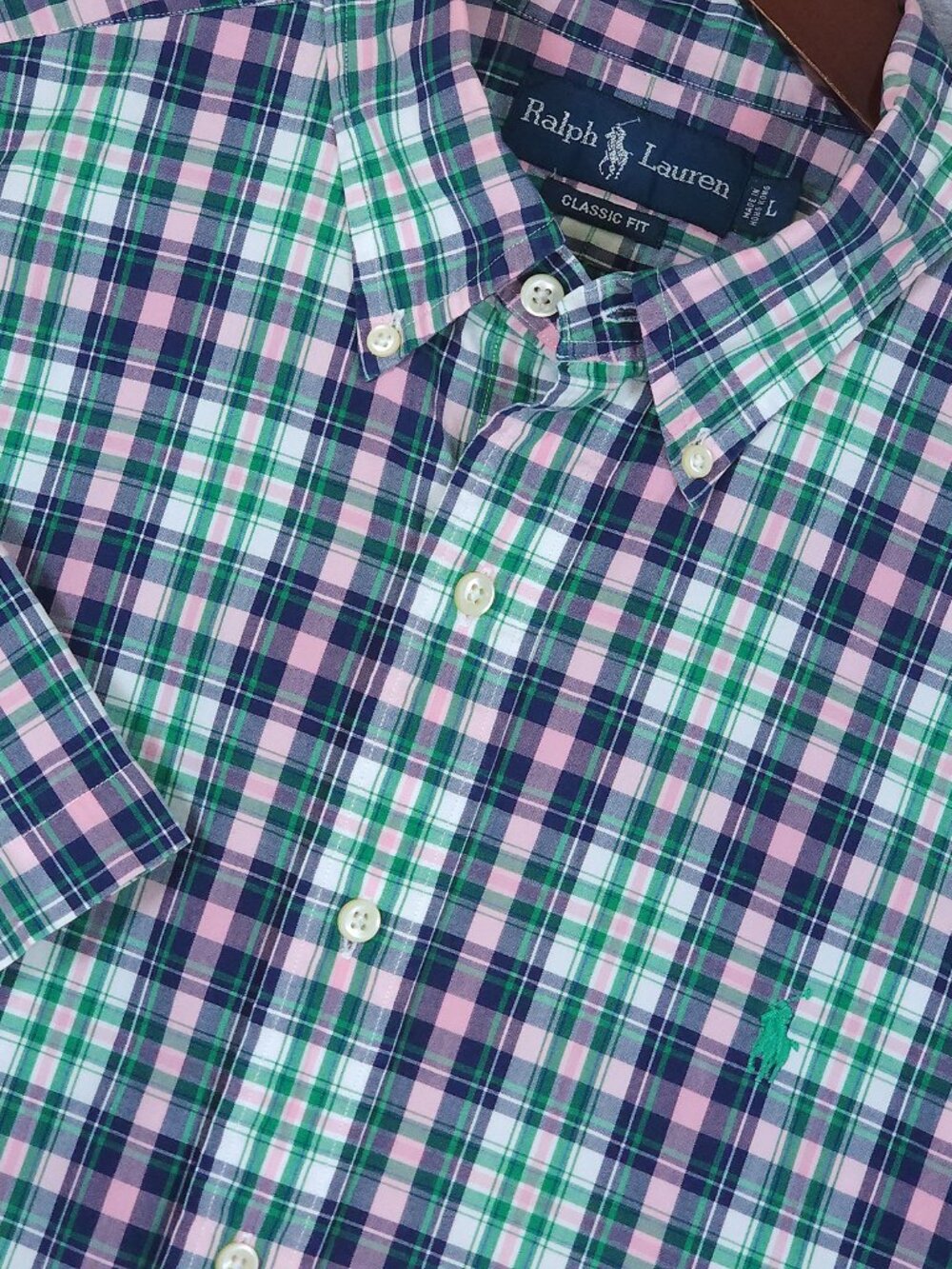 Polo Ralph Lauren Mens Shirt Large Green Pink Plaid Short Sleeve Classic Fit
